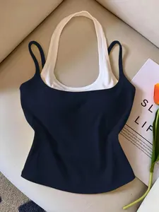1 Piece Faux Two-piece Contrast Layered Halter Sleeveless Fitted Womenswear Top