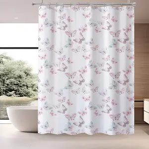 Butterfly Bath Curtain Liner, Peva Geometric Shower Curtain Insert, Simple Home Decor, Metal Grommets, Weighted Bottom, 12 Plastic Hooks