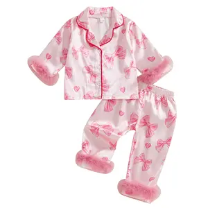 Toddler Baby Girls Satin Pajamas Set Feather Trim Long Sleeve Bow Print Lapel Button Down Shirt Tops and Pants Kids Sleepwear