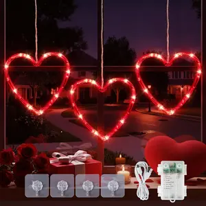 Valentine's Day Window Lights,3 30LED Heart Curtain String Lights USB/ Operated, Light for Indoor Outdoor Bedroom,Room,Wall,Party,Holiday,Wedding Decorations(Red)