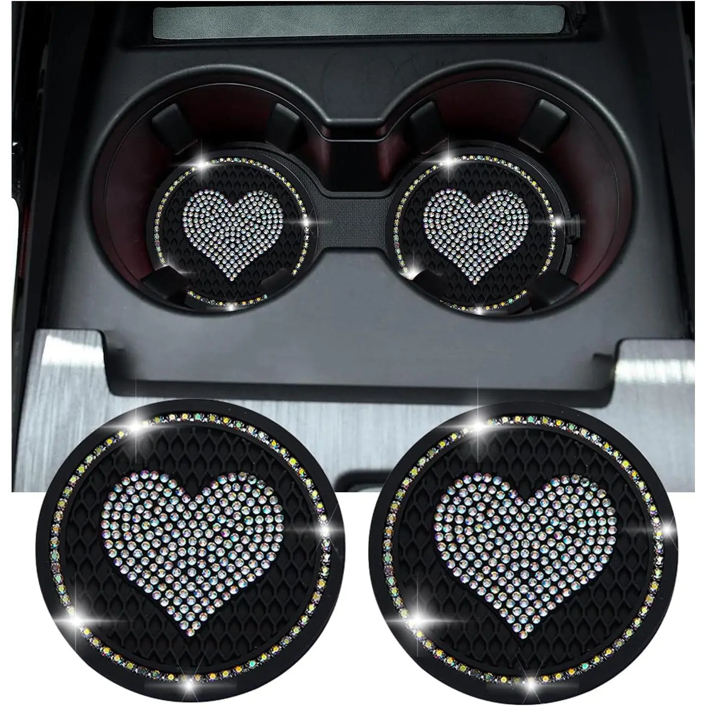 2 count Bling  Cup Coaster, 2.75 Inch Heart Rhinestone Holder Insert Coaster, Anti-Slip   Auto Cup Mat, Universal  Accessories for Women Girls (Black & AB)