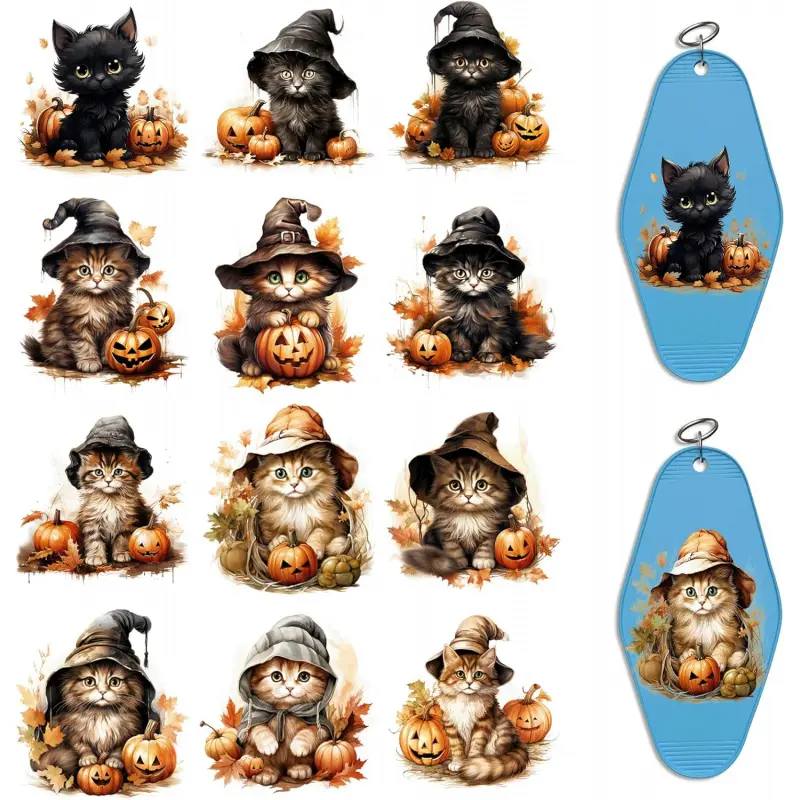 Halloween UV DTF Stickers - 24 Sheets Halloween Cat Cold Transfer Stickers for Motel Keychains, DIY Uvdtf Stickers for Hotel Keychain Blank, Waterproof Rub on Transfer Stickers