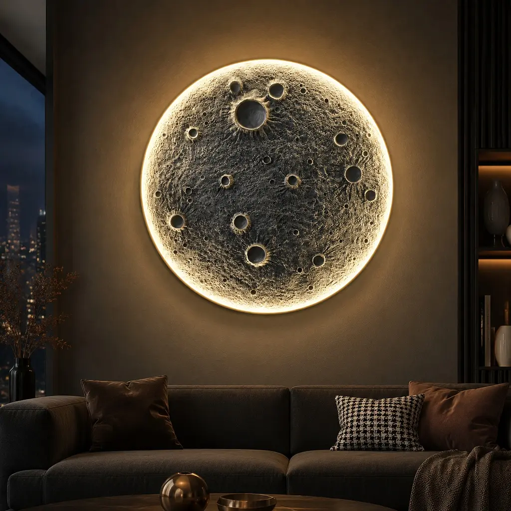 48-Inch Realistic Resin Moon Wall Light Plug-In Dimmable LED Sconce with Remote Control, 45W Main & 20W Night Light, Meteorite Crater Texture, 1.75" Thick Wall-Mounted Decor for Living Room Bedroom Home Commercial Space, Gray Metal