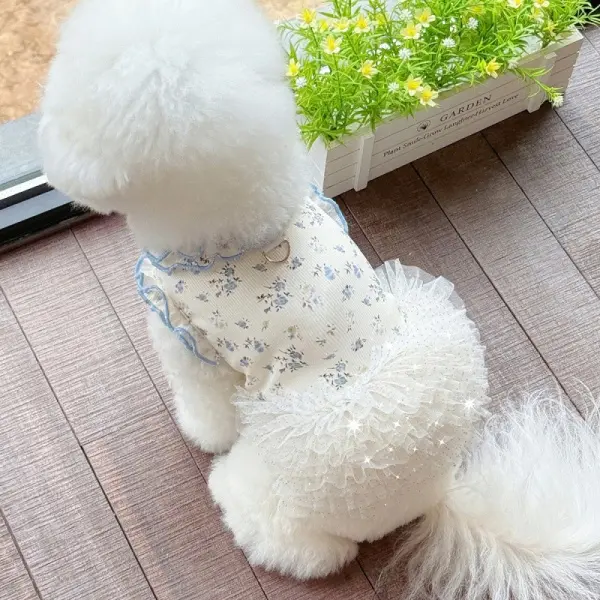Pet Blue Floral Lace Tulle Sleeveless Dress - Breathable Summer Tutu Apparel for Small Dogs & Cats