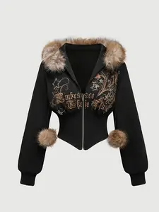 Punk Y2K Vintage Leopard Print Floral Fitted Knit Hoodie for Women, Sweatshirts, Casual, Vine Print Design, Perfect for Graduation, Back to School, Teacher