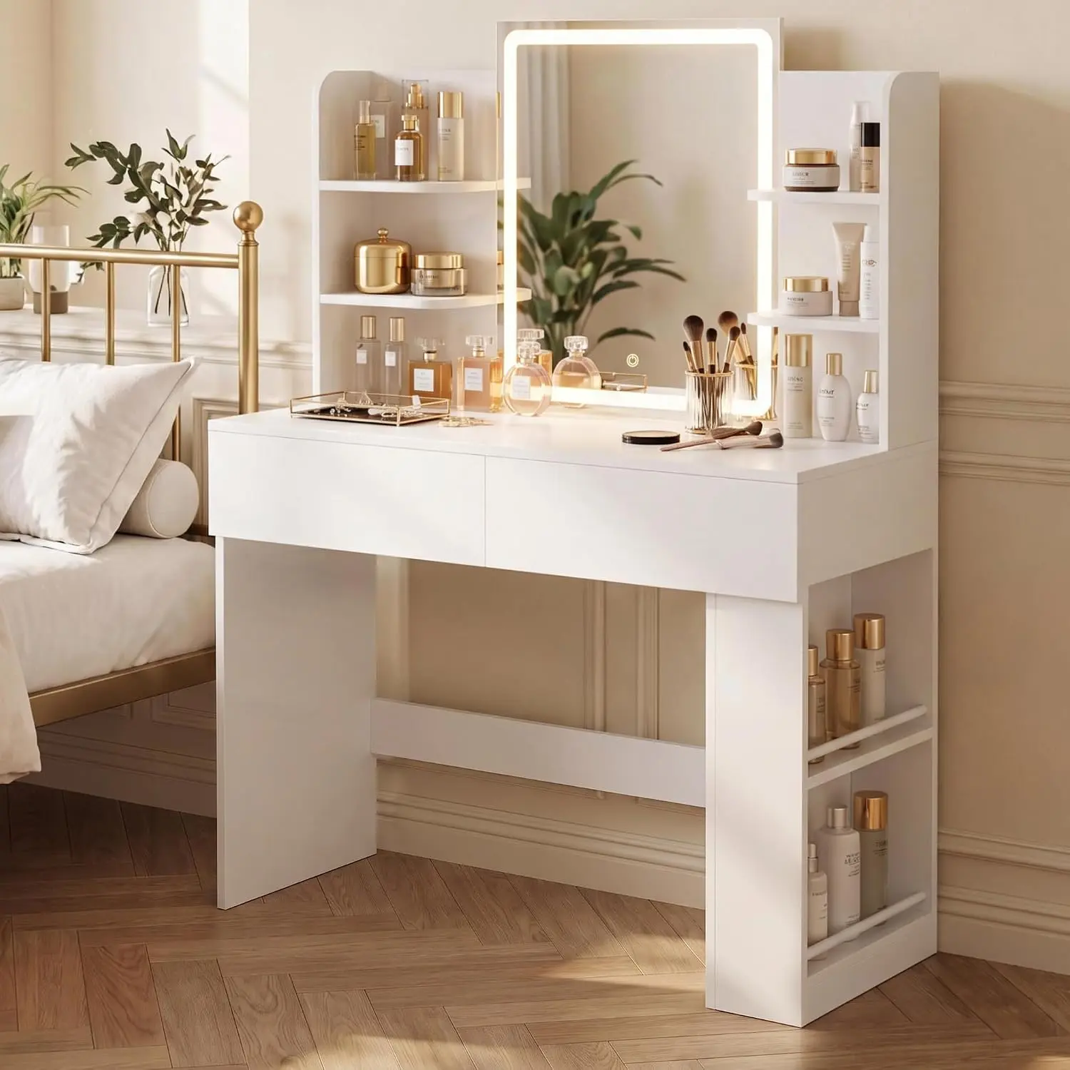 Furmax 35.4" Vanity Desk with LED Mirror and Lights,Makeup Vanity with 2 Storgae Drawers, 2 Side Shelves, and Open Storage Shelves, 3 Color Modes, for Bedroom, Classic White