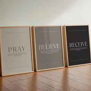 Christian Scripture Wall Art, Pray Believe Receive Printable Wall Art Set, Faith Decor Set, Minimalist Bible Verse Prints, Digital Download