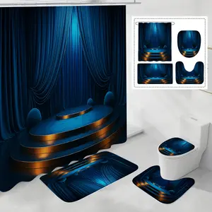 Stage Shower Curtain Set, Including Non-Slip Floor Mat, Toilet Seat Cover, Bathroom Mat and Hooks, a Complete Bathroom Accessory Set