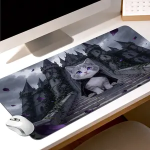 Premium Gray Cat With Purple Eyes And Black Cape In Gothic Castle Illustration High Quality Mouse Pad Modern Office Gaming Comfort Experience Non?Slip Durable For Daily Work And Play 40*80 Size.