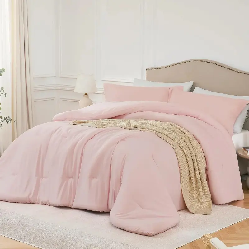 Blush Pink Twin Size Gingham Traditional Marshmallow Comforter Bed Set - 2PCS Soft Bed Set, Lightweight Breathable Microfiber Bedding, 68''x90'' Comforter + 1 Pillowcase, All-Season Luxury Linens