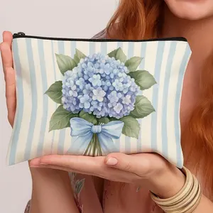 1pc Floral Art  Makeup Bag -  Blue Hydrangea Elegant Botanical Illustration Zippered Multifunctional Travel Toiletry Organizer with Floral Design, Portable Cosmetic Pouch for Women & Men, Ideal for Business, Daily Use, Travel Makeup Bag