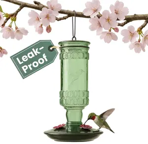 Glass Bottle Hummingbird Feeder - Outdoor Garden Décor Humming bird Feeder, 8108-1SR - 10 Fl Oz Nectar Capacity - Durable Green Antique Design - Hang from Tree, Porch, Deck, Hook