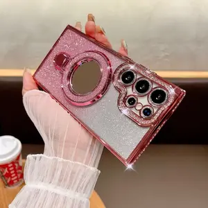 Glitter Magnetic Mirror Stand Holder Case For Samsung S24 FE S22 S23 S25 Plus S25 Ultra 5G Shockproof Protective Cover, Casing, Accessories, Smartphone Protector