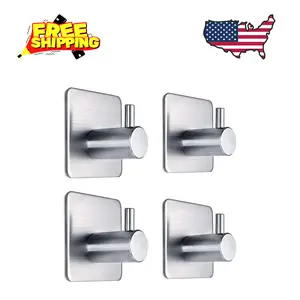 Adhesive Towel Hooks Heavy Duty Wall Hooks Waterproof Stainless Steel Hanger 4-Packs