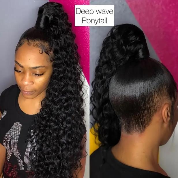 "Deep Wave Brazilian Remy Human Hair Ponytail Extension, Long Curly Wavy Wrap Around Ponytail with Magic Paste, Natural Black 10-28 Inch, Soft & Secure Fit for Women 100g/Pack "	
