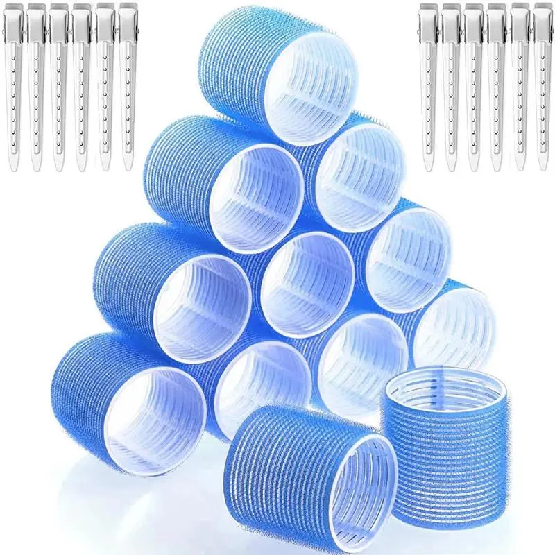 24pcs Self-adhesive Hair Curlers and Clip Set,12pcs Set of Large Self-adhesive Curling,12pcs Duckbill Clips, for Thick Thin Long Medium Short Hair Bangs DIY Hairdressing Tool, Professional Heat Conductivity, Long Lasting Hold for Voluminous Waves ﻿ Summer