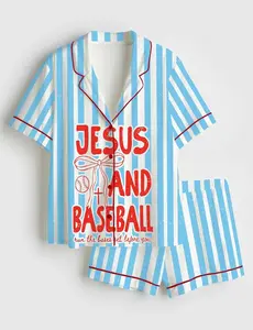 Women’s Jesus And Baseball Trendy Christian Silky Satin Pajama Set, Polyester Satin Loungewear