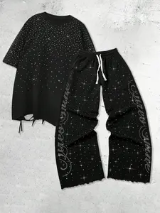 Men's Shiny Cross Rhinestone T-Shirt Set, New American Trend Streetwear Street Style, Loose-Fit Short Sleeve Top & Pants, Knitted