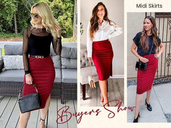 ZEAGOO Womens Knit Midi Skirts Casual Pencil Skirt High Waisted Long Skirts with Slit Elegant Work Office Skirts