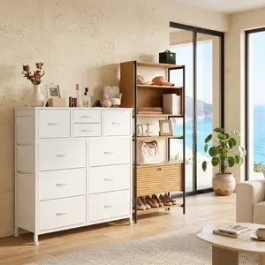 10 Drawer Fabric Storage Dresser Tower, Multifunctional TV Stand Dresser with RGB LED Light, Magnetic Mesh Cabinet & Side Bags, Anti-Tipping Stable Storage Organizer for Bedroom Living Room Home Office Decoration