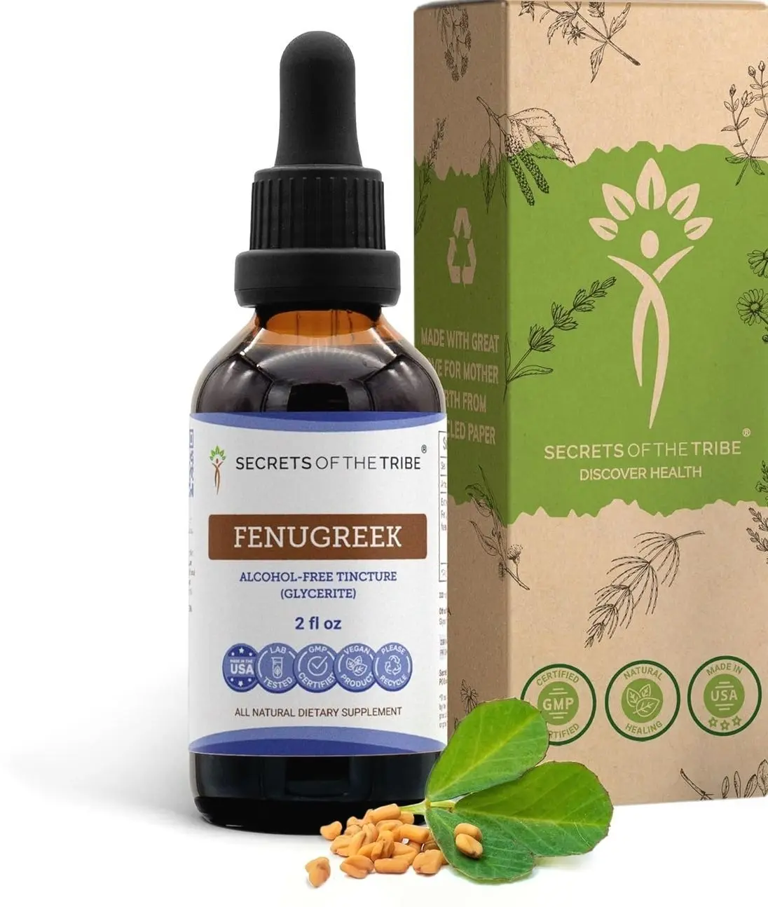 Secrets of the Tribe Fenugreek Tincture Alcohol-Free Liquid Extract, Fenugreek (Trigonella foenum-graecum) Dried Fruit (2 FL OZ)