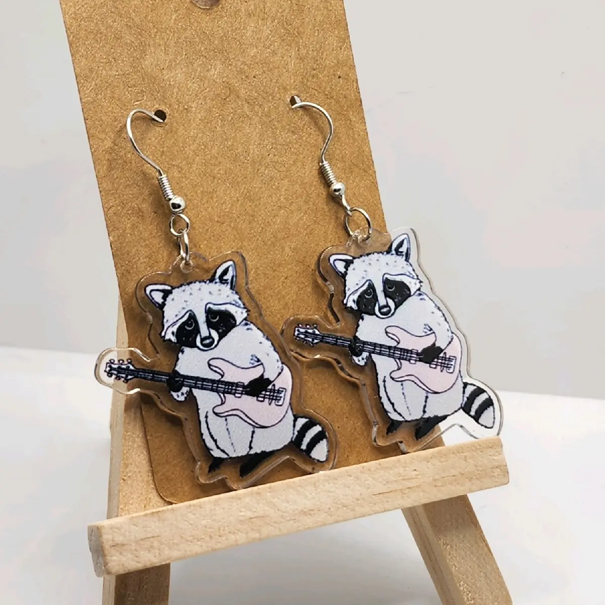 Unisex Raccoon Playing Guitar Hook Earrings, Durable Plastic Animals Jewelry, Lightweight Comfortable Daily Wear, Ensures Longevity for Music Lovers