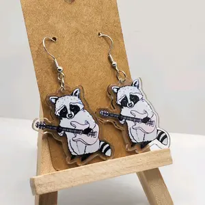 Raccoon Playing Guitar Earrings Durable Plastic Lightweight Unisex Hook Earrings Playful Design for Music Lovers Comfortable All Day Wear