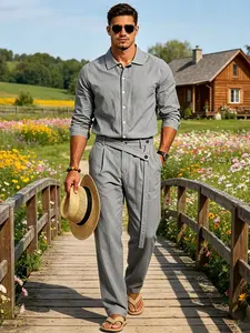 Men's Linen Set Spring Autumn, Long Sleeve Button-Down Shirt & Straight Leg Pants, Loose Fit Breathable Fabric, Casual Beach Vacation Wear