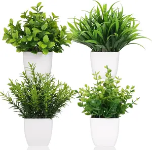 4 Pot Small Fake Plant Flowerpot Artificial Plastic Eucalyptus Plant Wheat Grass Shrub Plant Indoor Desk Coffee Table Bathroom Bedroom Home Decoration outdoorfun