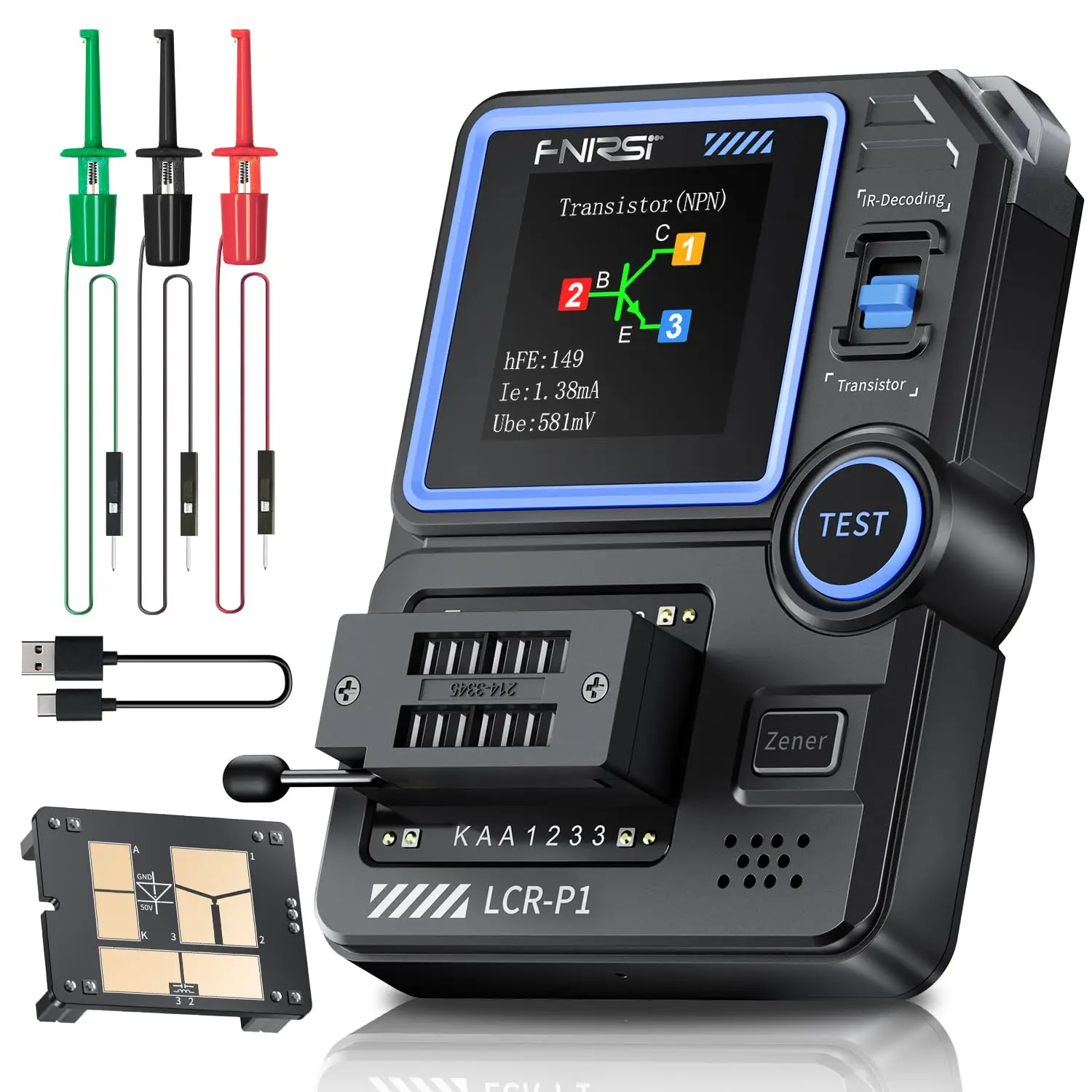 FNIRSI LCR-P1 Transistor Tester Diode Triode Capacitance Resistance Meter LCR ESR Meter NPN PNP MOSFET IR Multifunction Tester