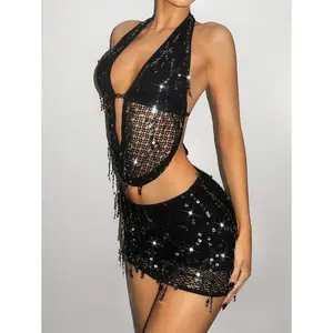 ICON 2pcs Fitted Shiny Tassel Sequin Draped Neck Tank Top & Mini Skirt Set