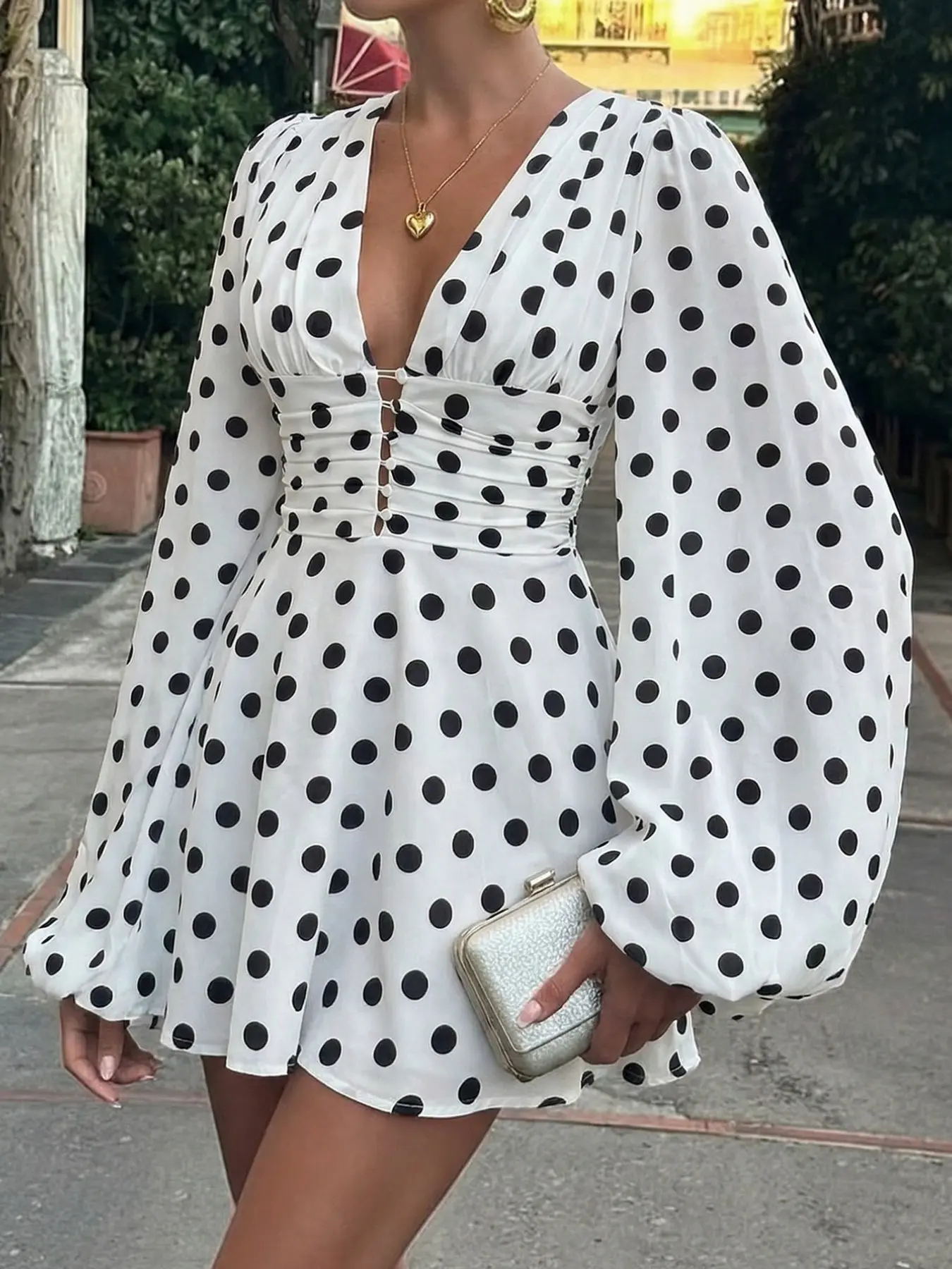 Polka Dot Mini Dress Casual Wear Women Deep V Neck Long Sleeve Puff Sleeve A Line Dress Ruched Waist Flowy Babydoll Dress Boho Vintage Chic Aesthetic Summer Party Date Night Outfit