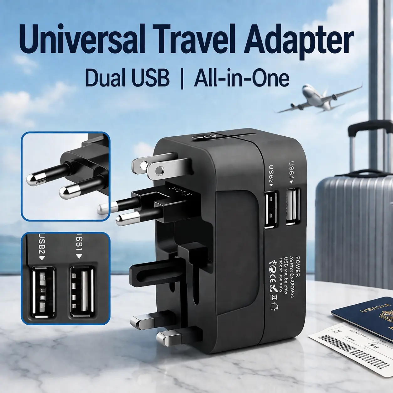 Portable Dual-Port Universal AC Power Adapter with 2 USB Charging Ports, EU-US Compatibility, Universal Travel Plugs & Sockets, Multi-Device Multi-Country Adapter, Dual-Port Multi-Device Adapters, Multi-Country Adapters