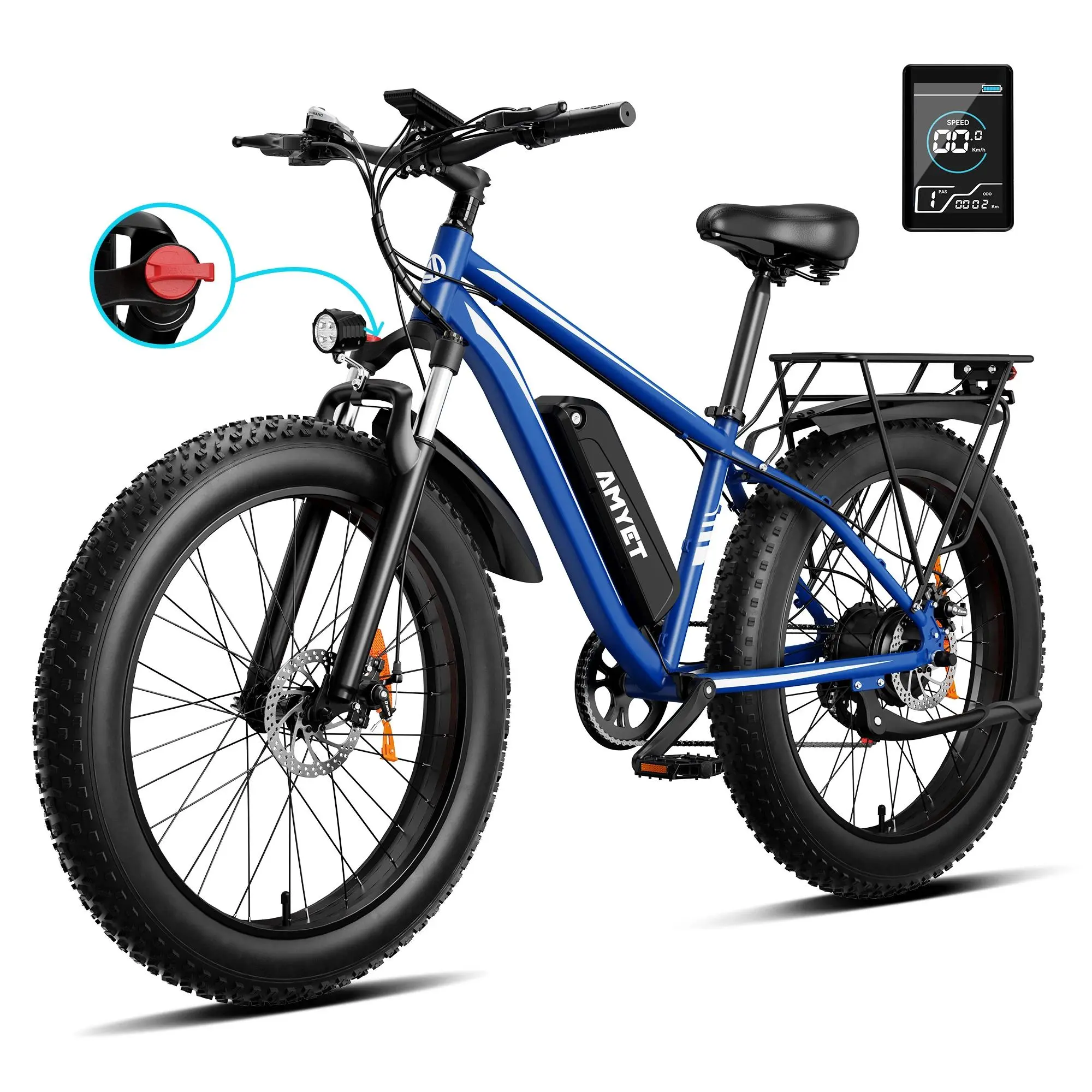 AMYET Electric Bike EB26 Blue Adults Electric Bicycle 28mph Peak 1500W 720WH Ebike 26" Fat Tire Mountain Bike Electric Dirt Bike