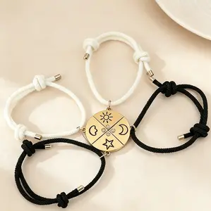 4Pcs Sun Moon Star Cloud Split Puzzle Bracelet Set - Adjustable Braided Cord Matching Friendship Bracelets with Rhinestone, Celestial Jewelry Gift for 4 Best Friends & Sisters