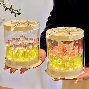 DIY Tulip Lamp Simulation Flower Sea Cake Box Bedroom Sleeping Table Lamp Handmade Craft Decor Tulips Night Light Birthday Gift