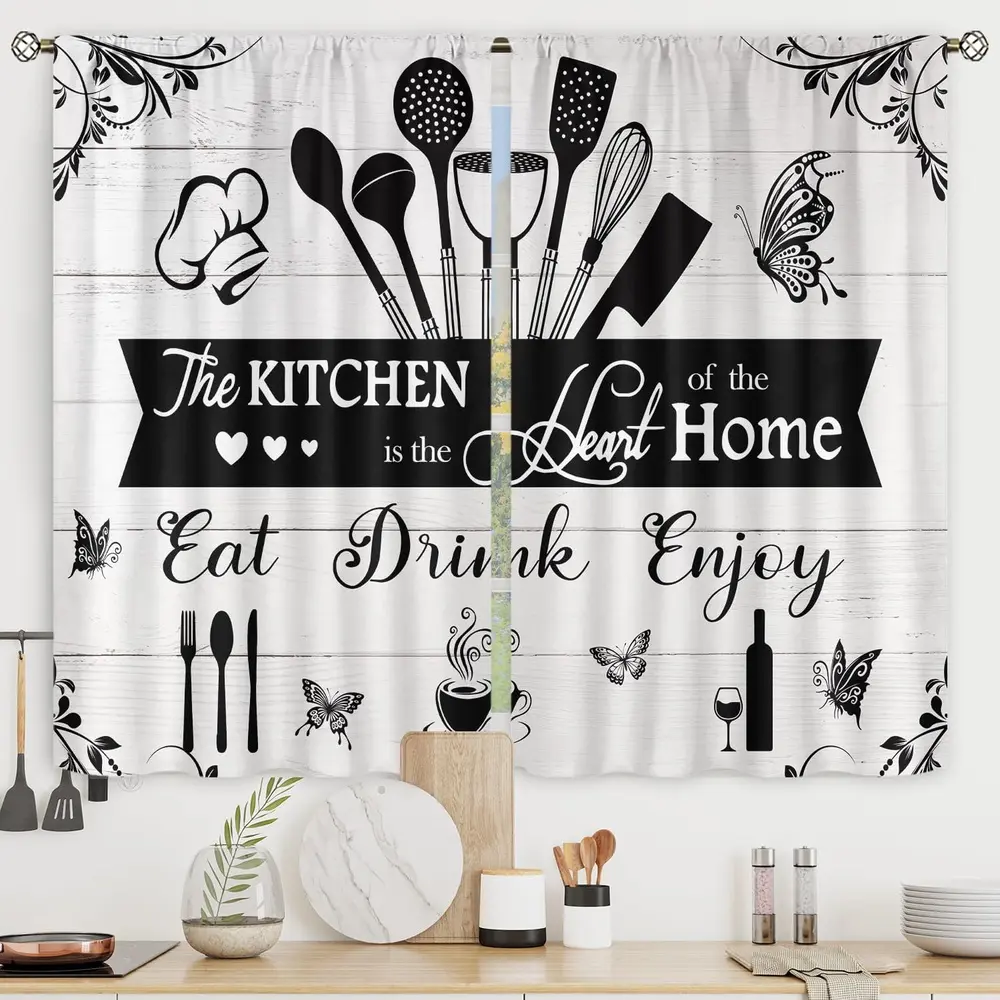 Rustic Kitchen Curtains Quotes Wooden Plank Farmhouse Country Butterfly Leaves Rod Pocket Short Small Vintage Retro Fork Spoon Bedroom Living Room Treatment Fabric 2 Panels 52*63,Summervibes