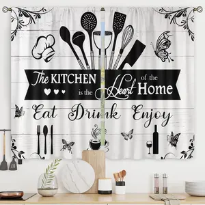 Rustic Kitchen Curtains Quotes Wooden Plank Farmhouse Country Butterfly Leaves Rod Pocket Short Small Vintage Retro Fork Spoon Bedroom Living Room Treatment Fabric 2 Panels 27.5Wx39H Inch