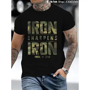 Men's 100% Cotton Graphic T-Shirt - "IRON SHARPENS IRON" & Proverbs 27:17 Bible Verse Design, Geometric Print Casual Streetwear Tee, Breathable Summer Top, Machine Washable, Summer Fashion | Camouflage Pattern | Durable Fabric