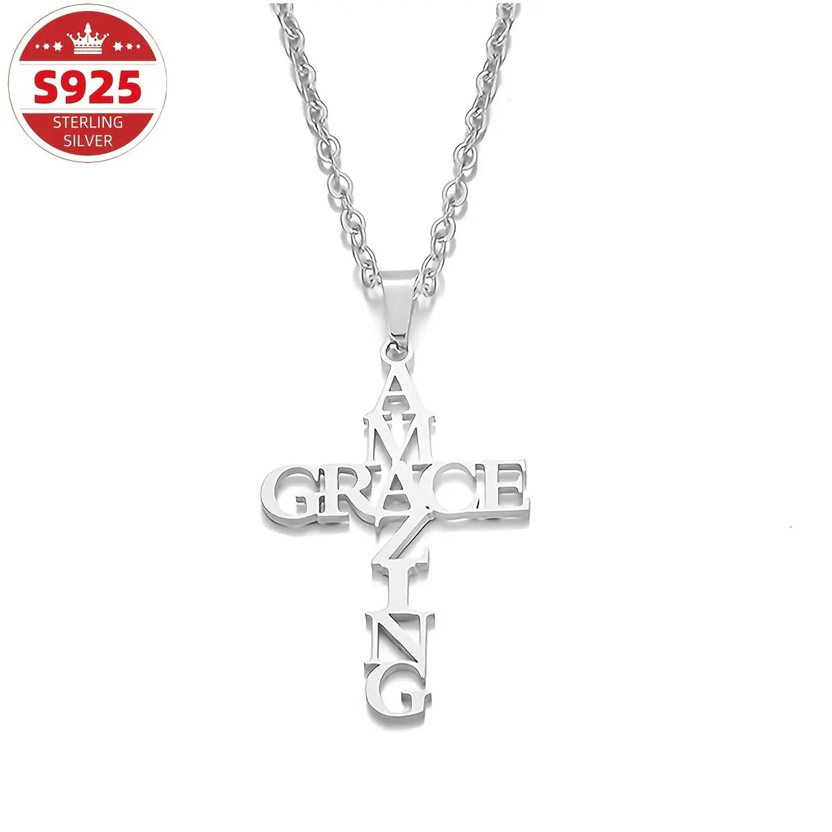 925 Sterling Silver Cross Pendant - Retro Boho Necklace for Women, Engraved "Amazing Grace" Bible Quote Text, Hypoallergenic Jewelry for Special Events, Men's Gift