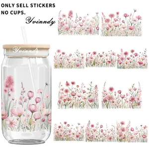 4Pieces/Set Pink Watercolor Wildflowers Suitable For 16-ounce Cup UVDTF Transfer Stickers, Vinyl Decal, Waterproof And Scratch-resistant, Easy To Use, Handmade Decorative Stickers, Suitable For DIY Projects, Loved By Craft Enthusiasts, Sticker Packs