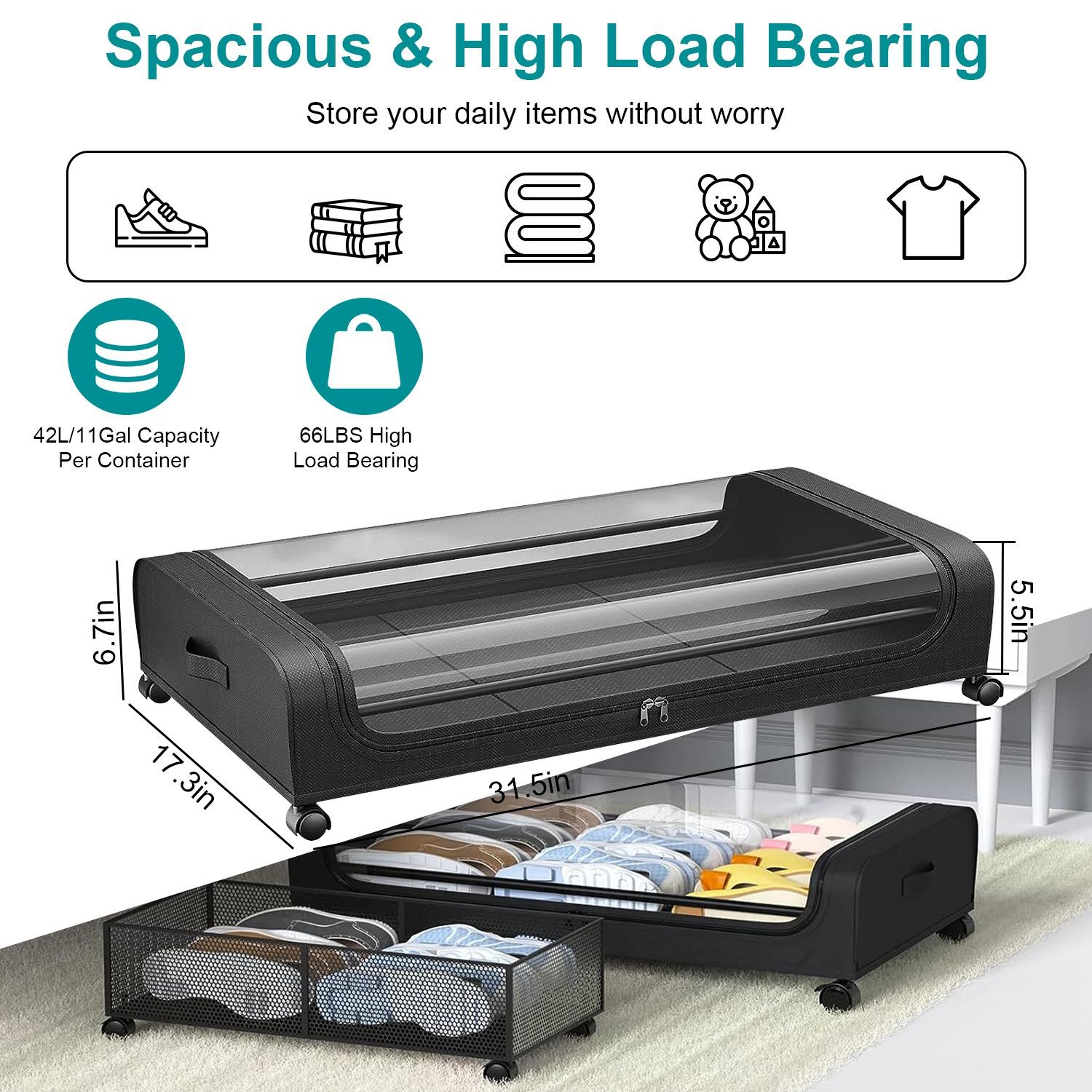Under Bed Storage Containers 2 Pieces 42L/11 Gal with Lid Wheels Straps Handles 360° Lockable Rolling Wheels Clear PVC Lid Dual-Zipper System 66LBS Load Capacity Black Iron Frame Non-Woven Fabric Collapsible Multifunctional Bins Under Bed Storage Containers 2 Pieces 42L/11 Gal with Lid Wheels Straps Handles 360° Lockable Rolling Wheels Clear PVC Lid Dual-Zipper System 66LBS Load Capacity Black Iron Frame Non-Woven Fabric Collapsible Multifunctional Bins