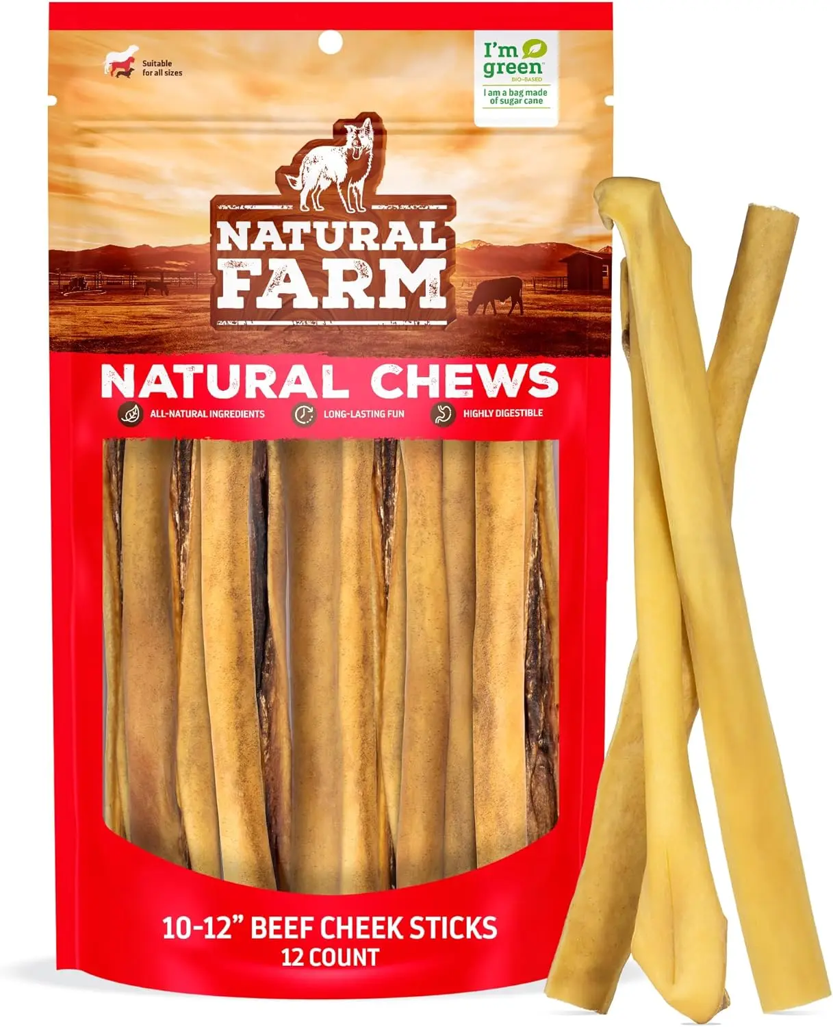 Natural Farm All-Natural Beef Cheek Muscle Chew Sticks (10-12 in) - 12 Count, Grass-Fed, Grain-Free, Protein-Packed, Flavorful, Odor-Free, Long-Lasting Treats for Medium Chewer Dogs, 10-12 Inches, Protein-Rich
