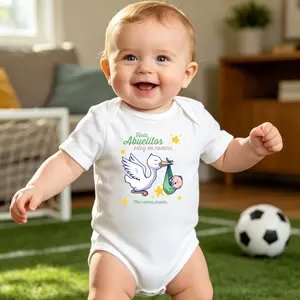 Baby Cotton Romper Short Sleeve "Hola Abuelitos" Stork Print For Grandparents Pregnancy Reveal