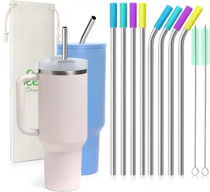 Teivio 8 Piece 5/16 Inch (8Mm) Wide Stainless Steel Straws for 40 Oz Tumbler with Handle, 12 Inch Long Reusable Metal Drinking Straws, Replacement Straws with Silicone Tips & Cleaning Brush, Silver NORDIK SPACE