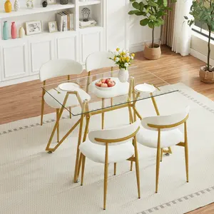 Dining Table for 4-6 People,Modern Style Glass Dinner Table with Duty Metal Trestle Base,Rectangle Kitchen Desk,Golden for Dining Room, Kitchen