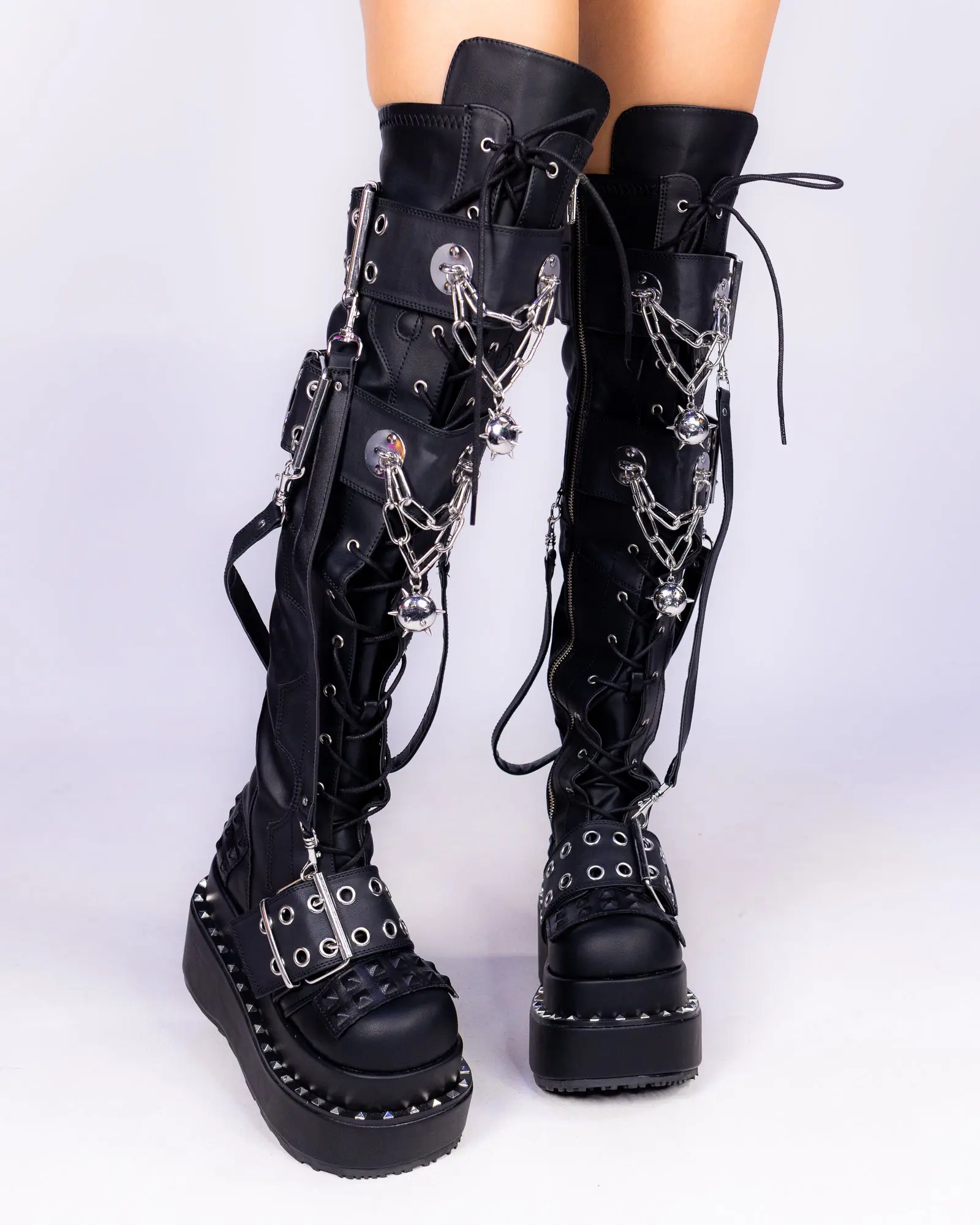 Demonia Bear Spike Matte Black Women's Thigh High Platform Boots