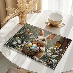 1pc/4pcs/6pcs Easter Bunny Floral Egg Printed Placemats - Machine Washable Polyester Fiber, Colorful Spring Table Decor for Holiday Dining, Kitchen & Party Decoration, Charming Table Setting, Durable Fabric Craftsmanship