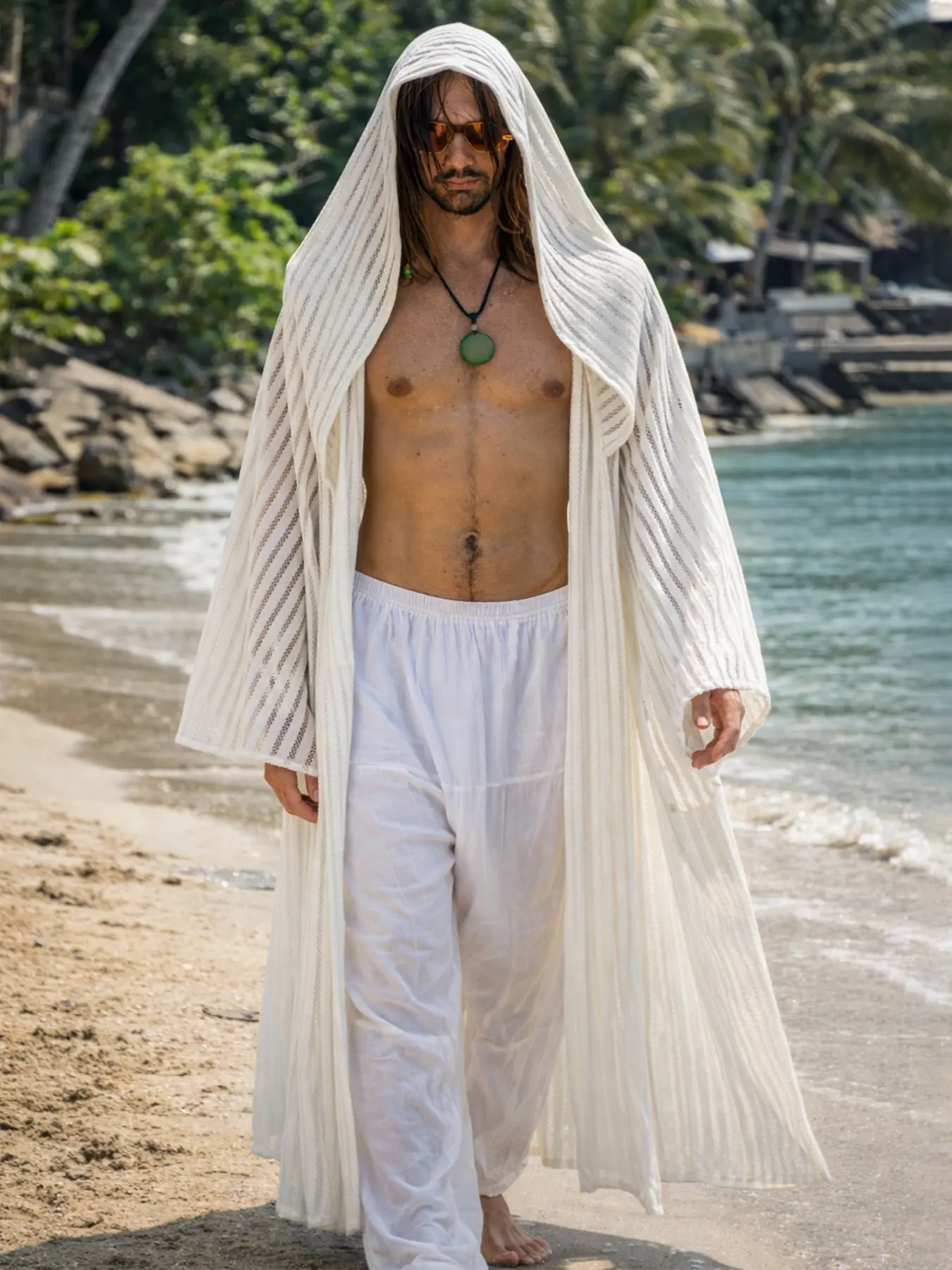 Men's Lightweight Hooded Beach Robe – Summer Breathable Sun Protection Kimono Knit Cover Up, Semi-Sheer Cover Ups, Beach Coverups, Swimsuit Coverup