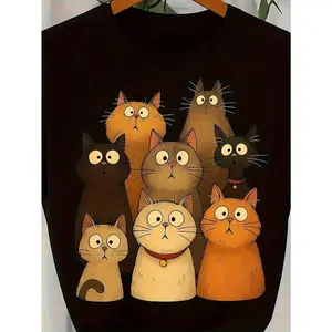 Women Anime Cat Face Pattern T-Shirt - Soft Breathable Cotton Top, Brown, Black, Grey, Orange and Cat Design - Casual Daily Party Wear - Machine Washable Crew Neck Short Sleeve Shirt, Summer Fashion Cartoon Printed Comfortable Fabric